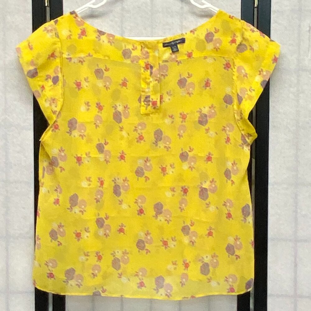 American Eagle Yellow Sheer Tiered Ruffle Cap Sleeve Back Button Top XL - Picture 6 of 13